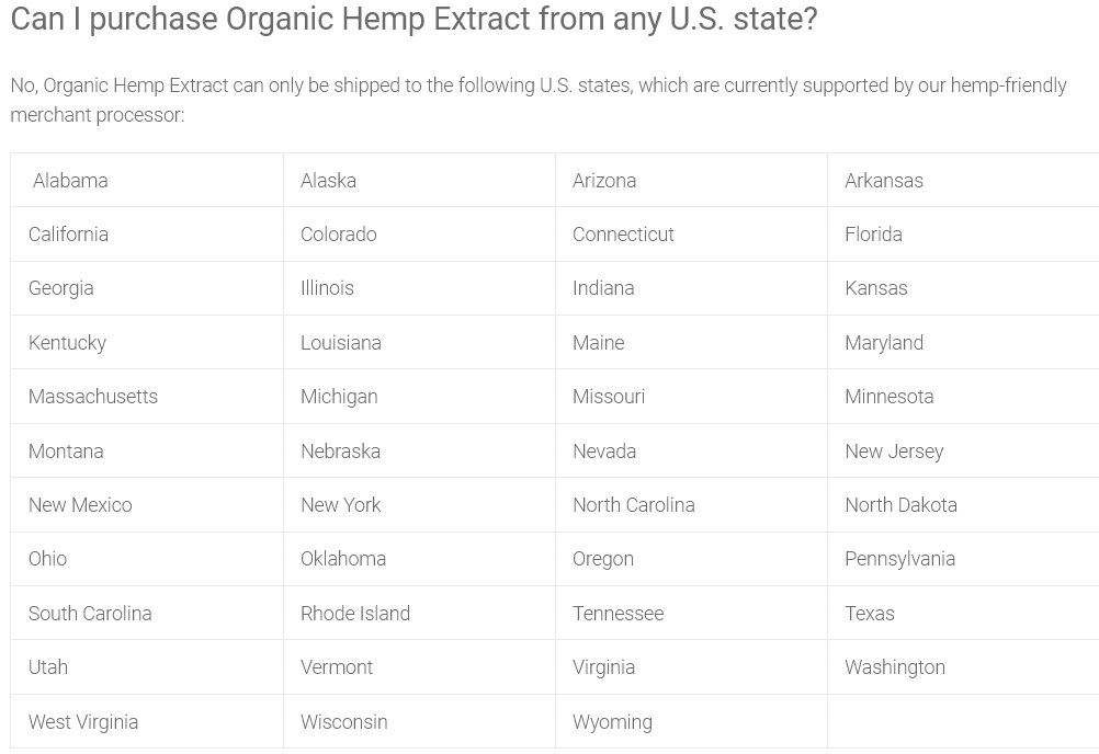 organic hemp extract shipping states